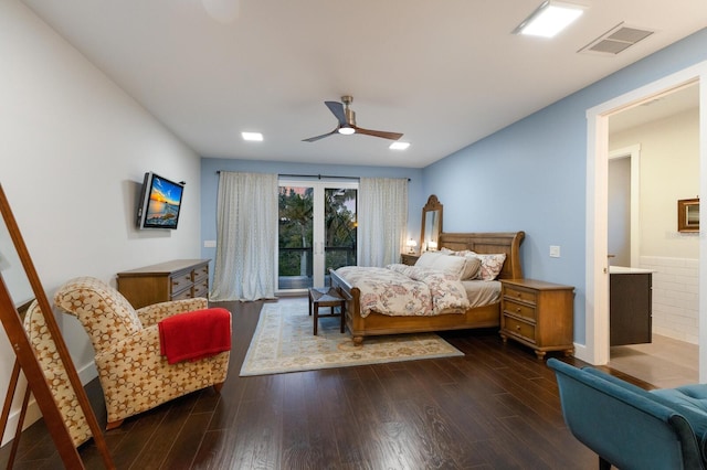 bedroom with dark wood-type flooring, ceiling fan, and access to outside