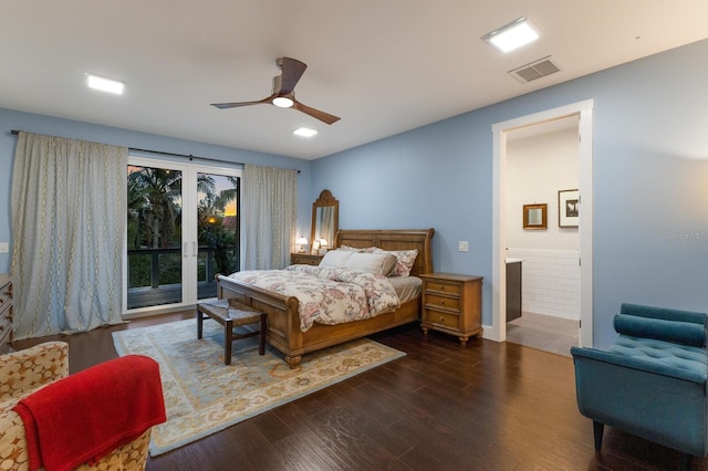 bedroom featuring ceiling fan, access to exterior, dark hardwood / wood-style flooring, and ensuite bath