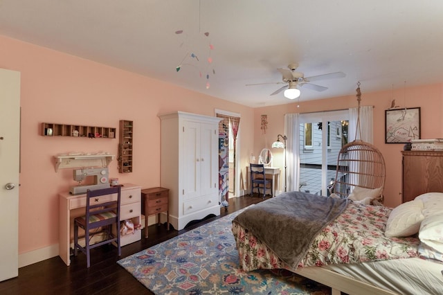 bedroom featuring ceiling fan and dark wood-type flooring