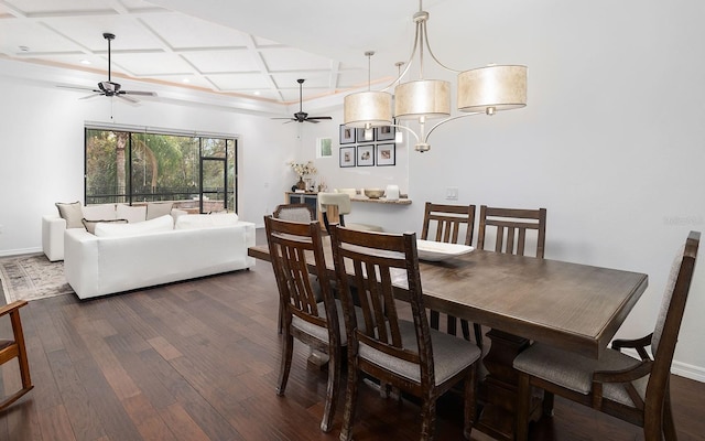 dining space featuring ceiling fan, dark hardwood / wood-style floors, and coffered ceiling