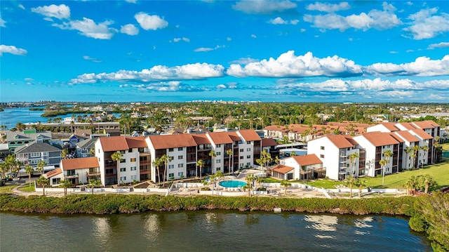 drone / aerial view featuring a water view