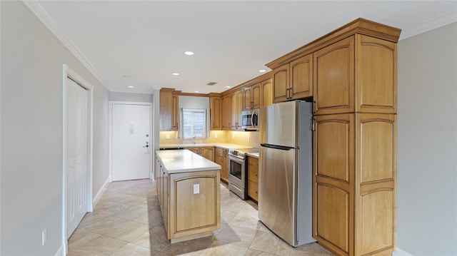 kitchen with stainless steel appliances, crown molding, a center island, and light tile patterned flooring