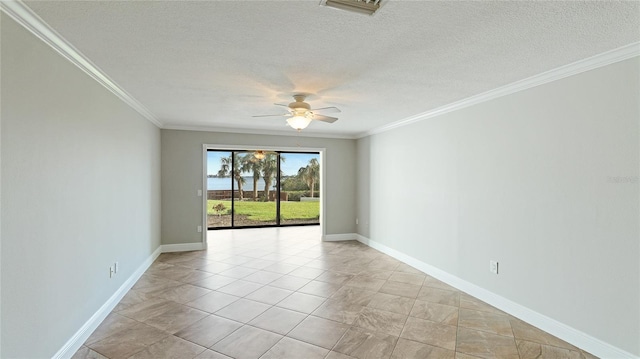 unfurnished room featuring ceiling fan, ornamental molding, and a textured ceiling