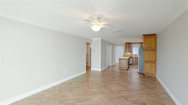 unfurnished living room with ornamental molding and ceiling fan