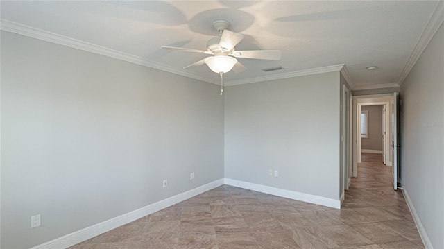 unfurnished room featuring ornamental molding and ceiling fan