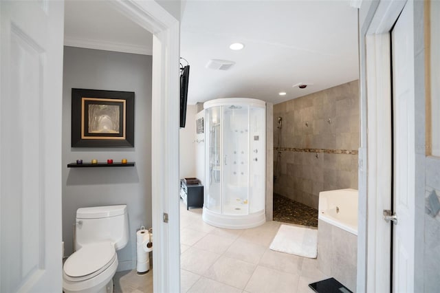 bathroom featuring ornamental molding, toilet, independent shower and bath, and tile patterned floors