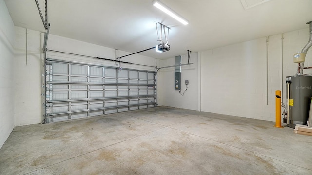 garage featuring electric panel, water heater, and a garage door opener