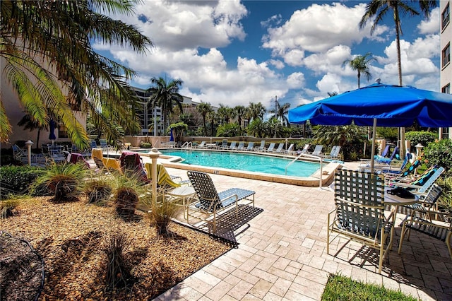 view of pool featuring a patio