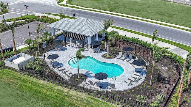 view of pool featuring a gazebo, a lawn, and a patio