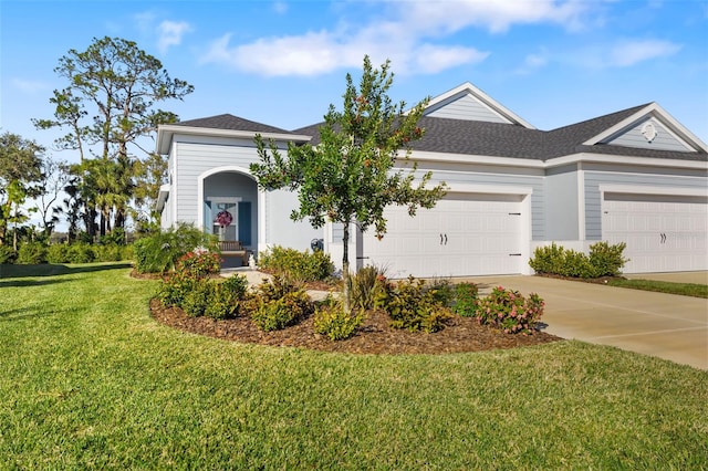 view of front of property with a garage and a front yard