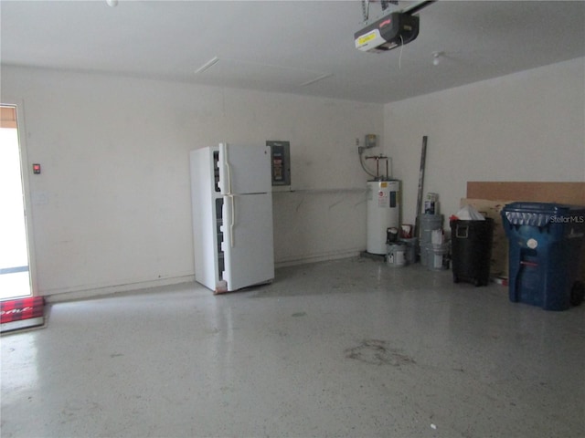 garage with a garage door opener, electric panel, water heater, and white refrigerator