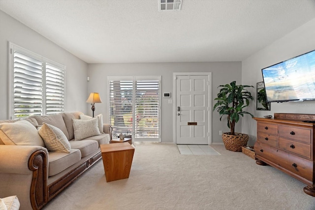 carpeted living room featuring a textured ceiling