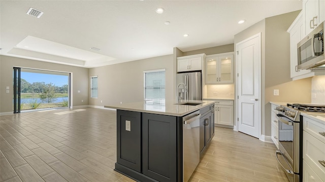 kitchen with white cabinets, appliances with stainless steel finishes, sink, a kitchen island with sink, and a tray ceiling