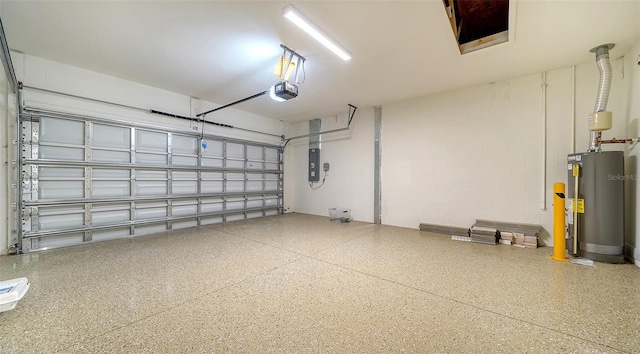 garage with electric panel, water heater, and a garage door opener