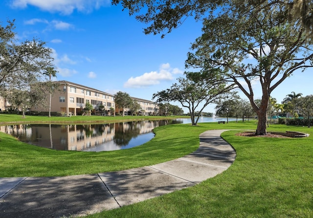 view of property's community featuring a yard and a water view