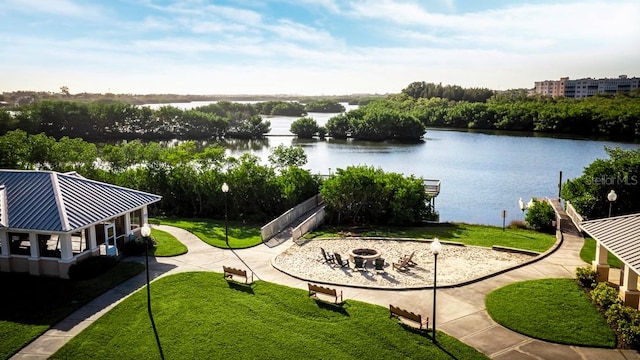 aerial view featuring a water view