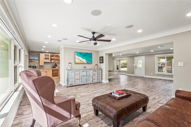 living room featuring ceiling fan, ornamental molding, and light hardwood / wood-style flooring