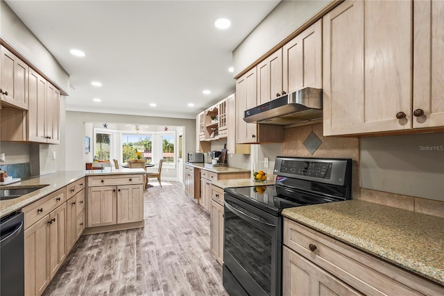 kitchen featuring light wood-type flooring, light brown cabinets, kitchen peninsula, dishwasher, and range with electric cooktop