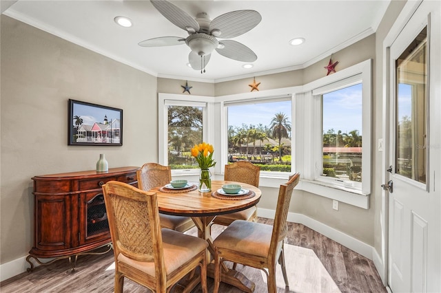 dining space featuring crown molding, wood-type flooring, and ceiling fan