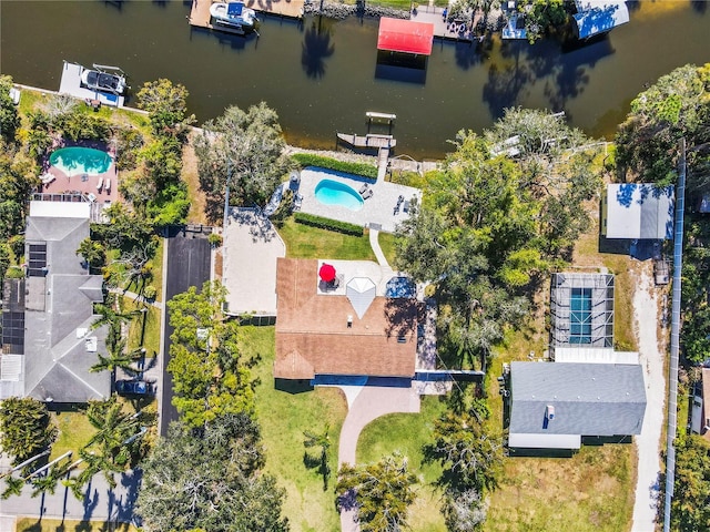 bird's eye view with a water view