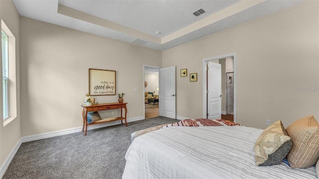 carpeted bedroom with a raised ceiling