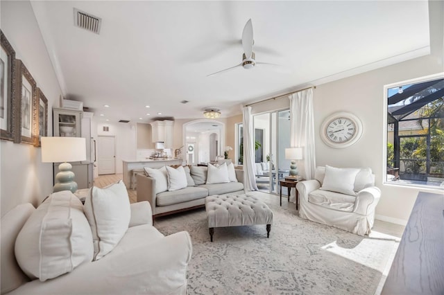 living room with ceiling fan