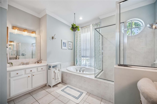 bathroom with vanity, shower with separate bathtub, and tile patterned flooring