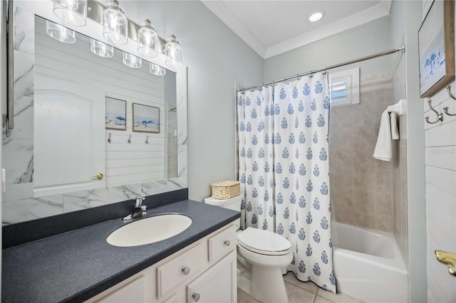 full bathroom featuring ornamental molding, vanity, toilet, and shower / tub combo