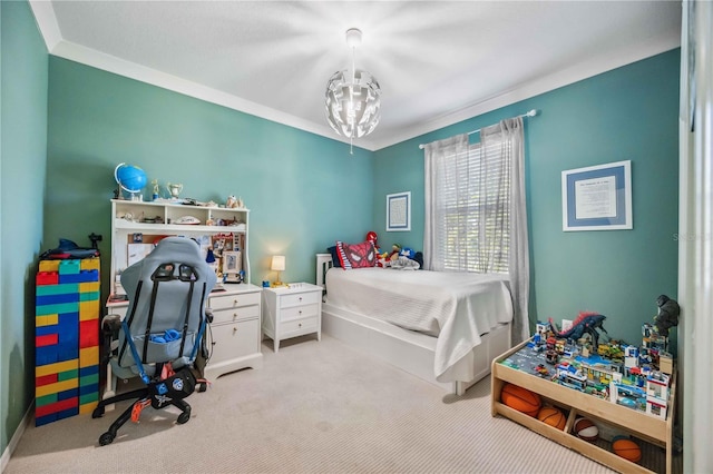 carpeted bedroom with an inviting chandelier