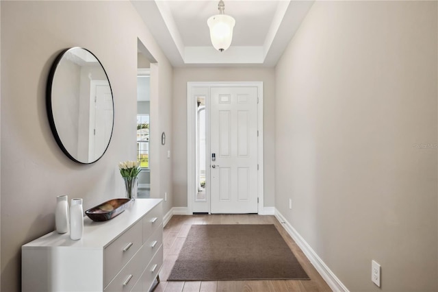 foyer featuring a tray ceiling and light wood-type flooring