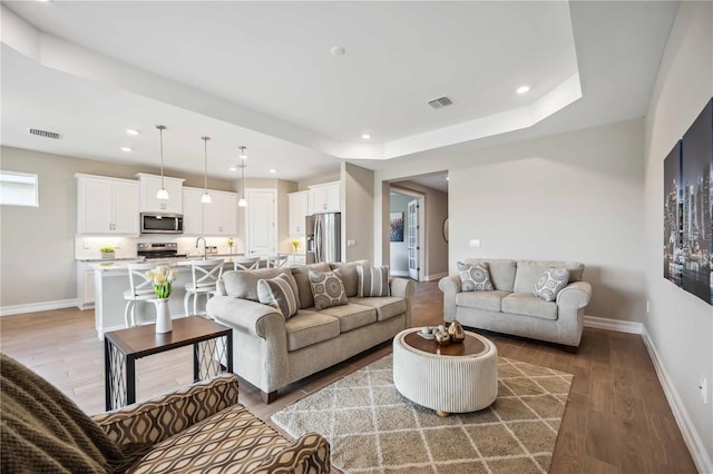 living room featuring sink, a tray ceiling, and wood-type flooring