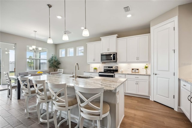 kitchen featuring white cabinetry, appliances with stainless steel finishes, sink, and hanging light fixtures