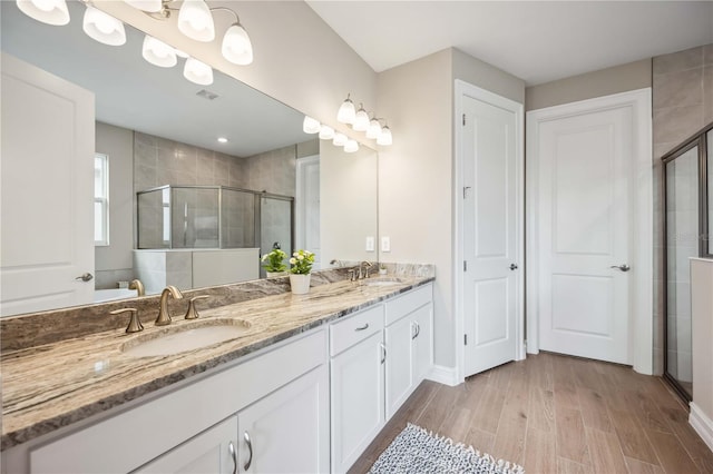 bathroom featuring a shower with door and vanity