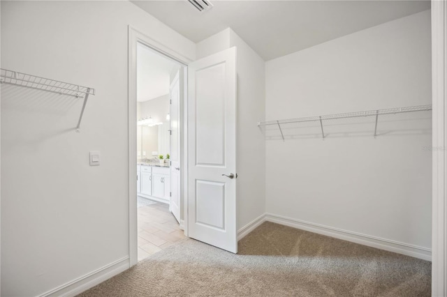 walk in closet with light colored carpet