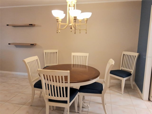 dining room with crown molding, a chandelier, and light tile patterned flooring