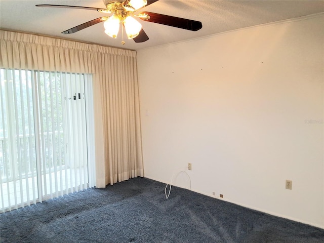 unfurnished room featuring a textured ceiling, carpet floors, and ceiling fan