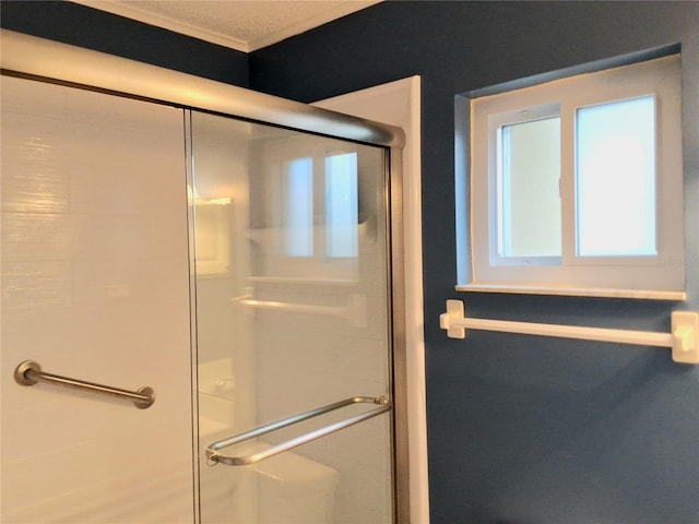 bathroom featuring a shower with shower door