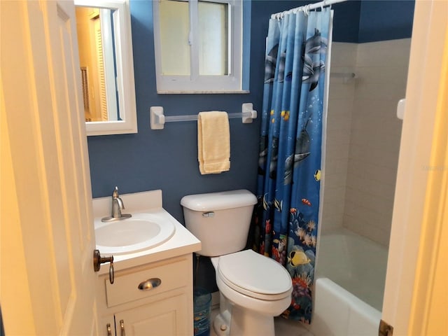 full bathroom with vanity, toilet, and shower / bathtub combination with curtain