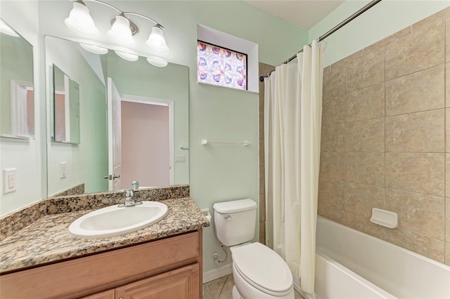 full bathroom with vanity, shower / tub combo with curtain, tile patterned floors, and toilet