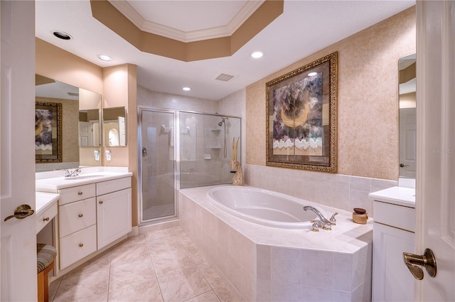 bathroom with independent shower and bath, vanity, and ornamental molding