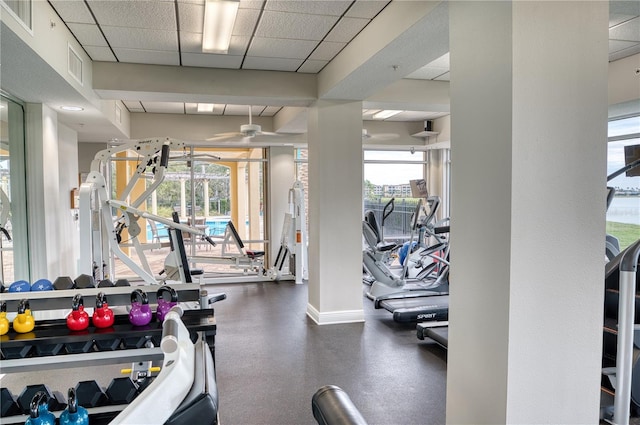 workout area with a drop ceiling and ceiling fan