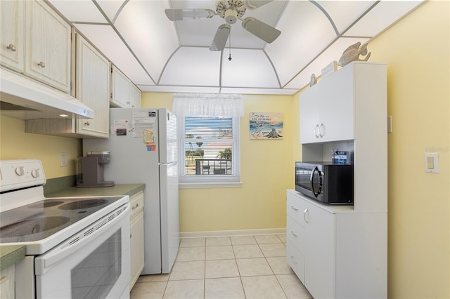 kitchen with ceiling fan, light tile patterned floors, and white range with electric stovetop