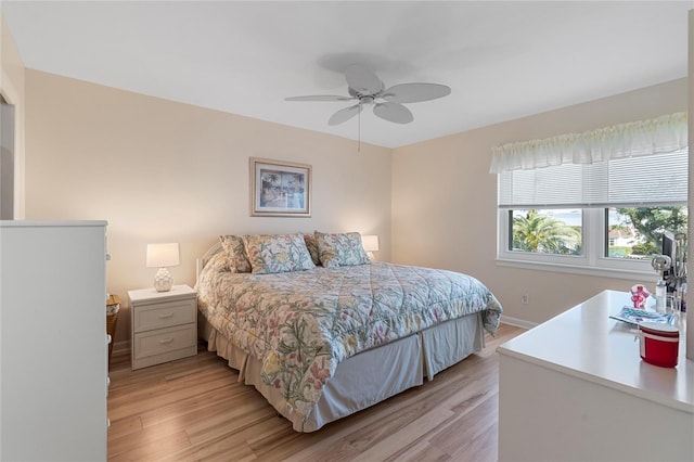 bedroom with ceiling fan and light hardwood / wood-style flooring