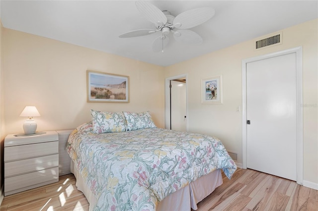 bedroom with ceiling fan and light wood-type flooring