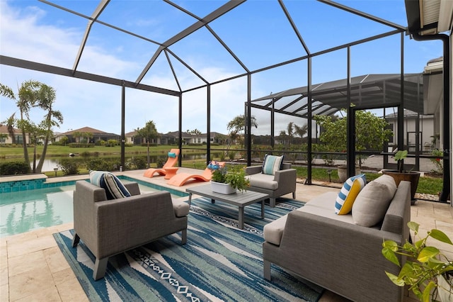 view of patio with a water view, a lanai, and an outdoor hangout area