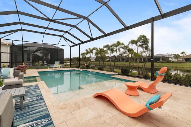 view of swimming pool with a lanai, a patio area, and a water view