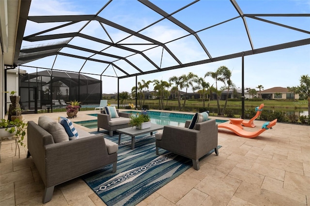 view of patio / terrace with a lanai and outdoor lounge area