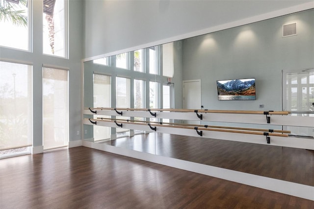 workout area featuring dark hardwood / wood-style floors and a high ceiling