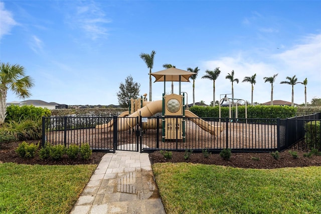 view of jungle gym with a yard