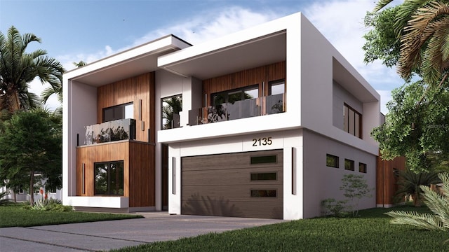 contemporary house with a balcony and a garage